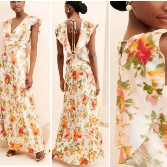 Hutch Dresses & Skirts - Hutch Ella Floral Satin Open Back Maxi Dress Flutter Sleeves Size 6 Wedding